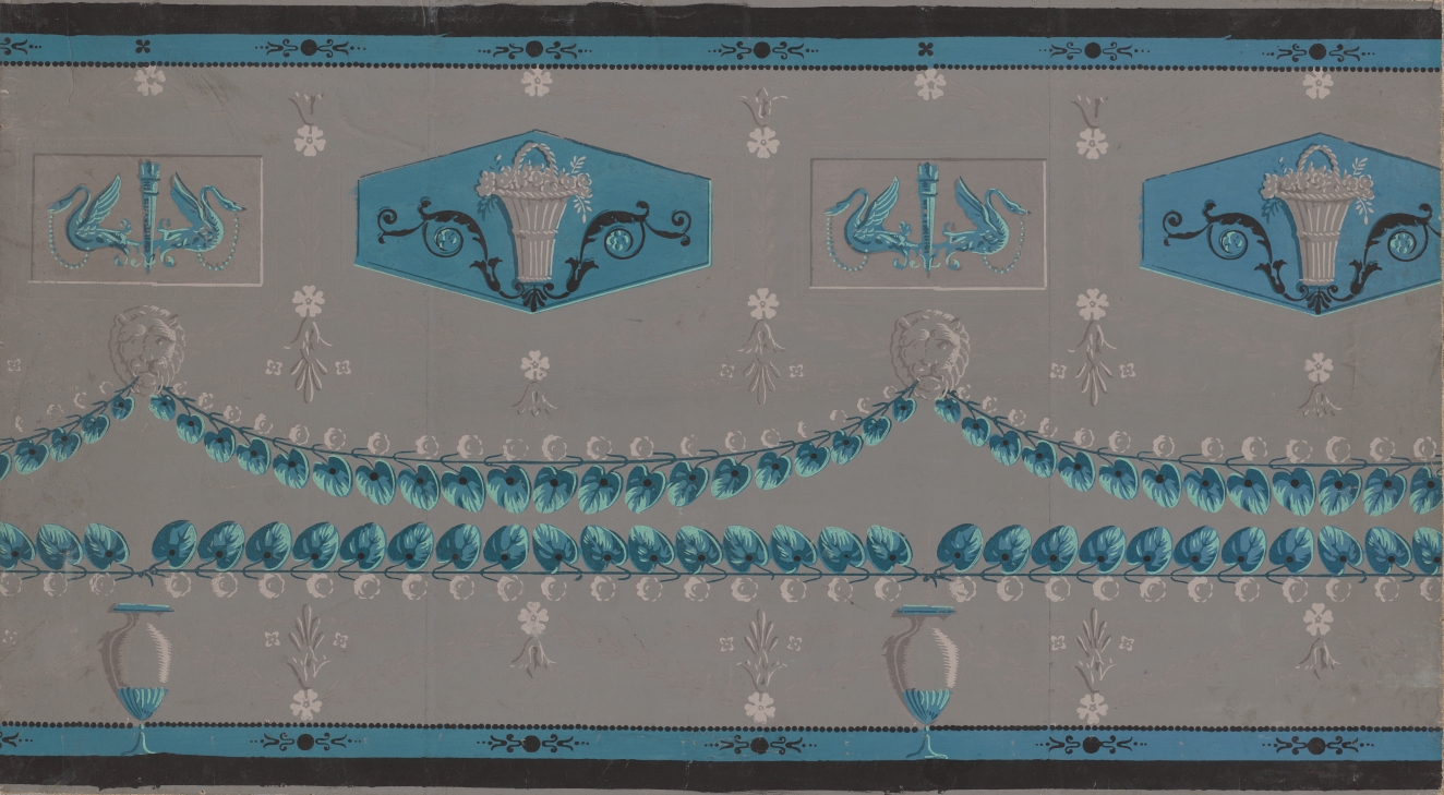 Classical wallpaper border strip featuring teal ornamental motifs of swans, bouquets, and leafy vines against a gray background. Small light gray floral accents dot the gray background.
