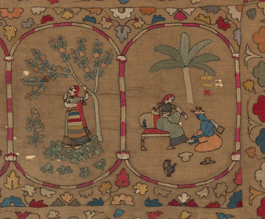 Two subsections of a row of illustrations, framed by colorful floral motifs. showing a figure standing beside a tree on the left, and two figures sitting beside a tree on the right.