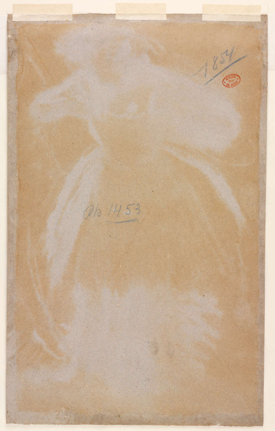 Sketch of a ballerina in a long tutu in white with soft outlines on tan aged paper. The surface features a small red stamp and small handwritten numbers.