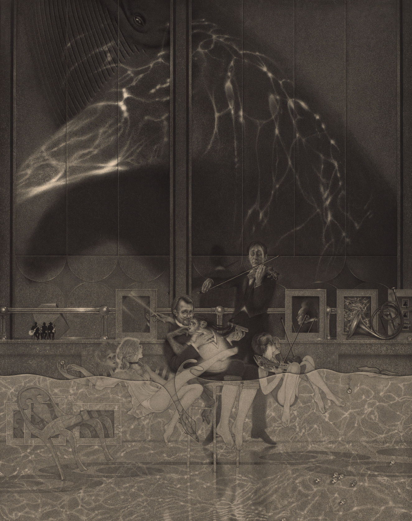 A dreamlike black-and-white scene of musicians submerged in glimmering water fractals, performing in an eerie interior as ghostly figures float nearby and a massive whale’s glowing silhouette looms overhead. 