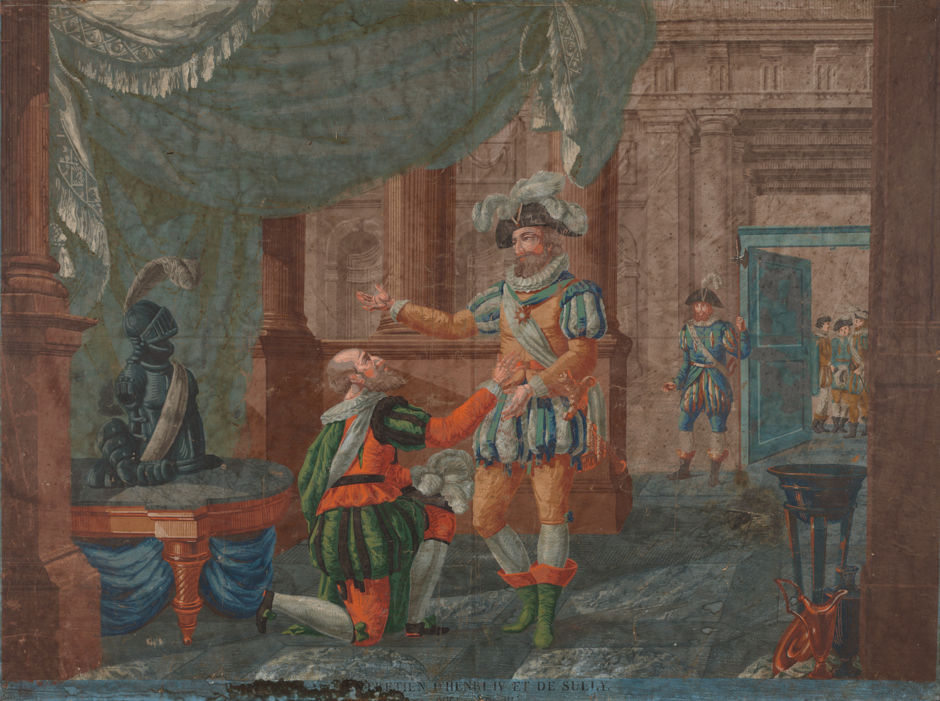 Opulent scene set in a grand, columned hall depicting a lavishly dressed nobleman commanding attention and engaging with a subservient figure who is kneeling before him.