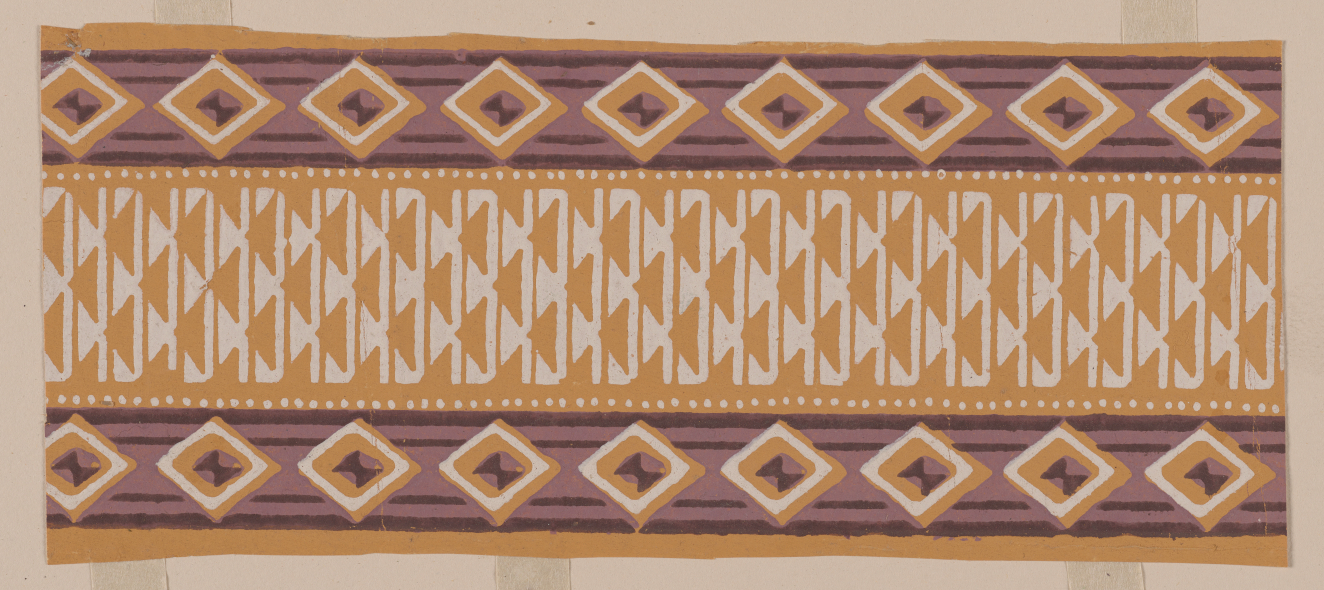 Horizontal decorative strip with a central yellow pattern of white triangular shapes bordered by purple stripes with a pattern of yellow diamonds with white borders and dark purple accents.