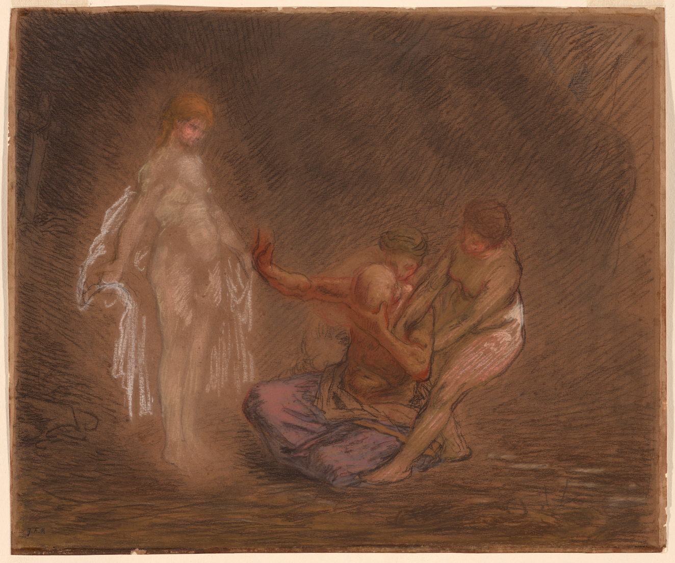 A pastel and chalk drawing of Saint Hilarion seated and covering his eyes as a glowing, nude light-skinned woman disrobes before him and two other women pull at his arms.