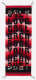 Narrow black and red woven tapestry with red and pink chevron patterning in the center and eight rows of one-worded black text which reads “only love canl brea rock your hear dust” 