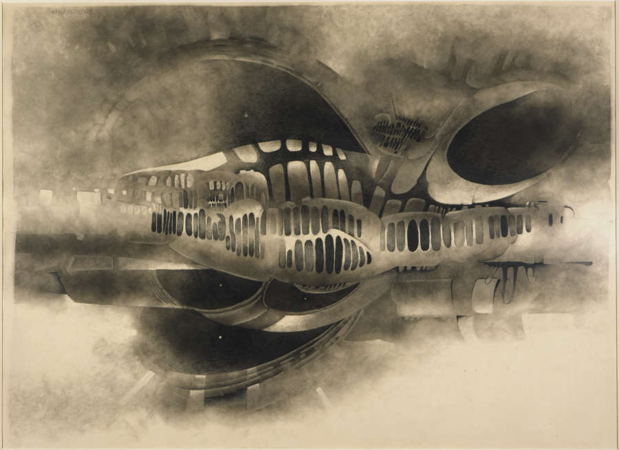 An abstract drawing that looks like an architectural edifice or complex machinery. The graphite and soot have been applied and scraped off in places, giving it a foggy appearance.