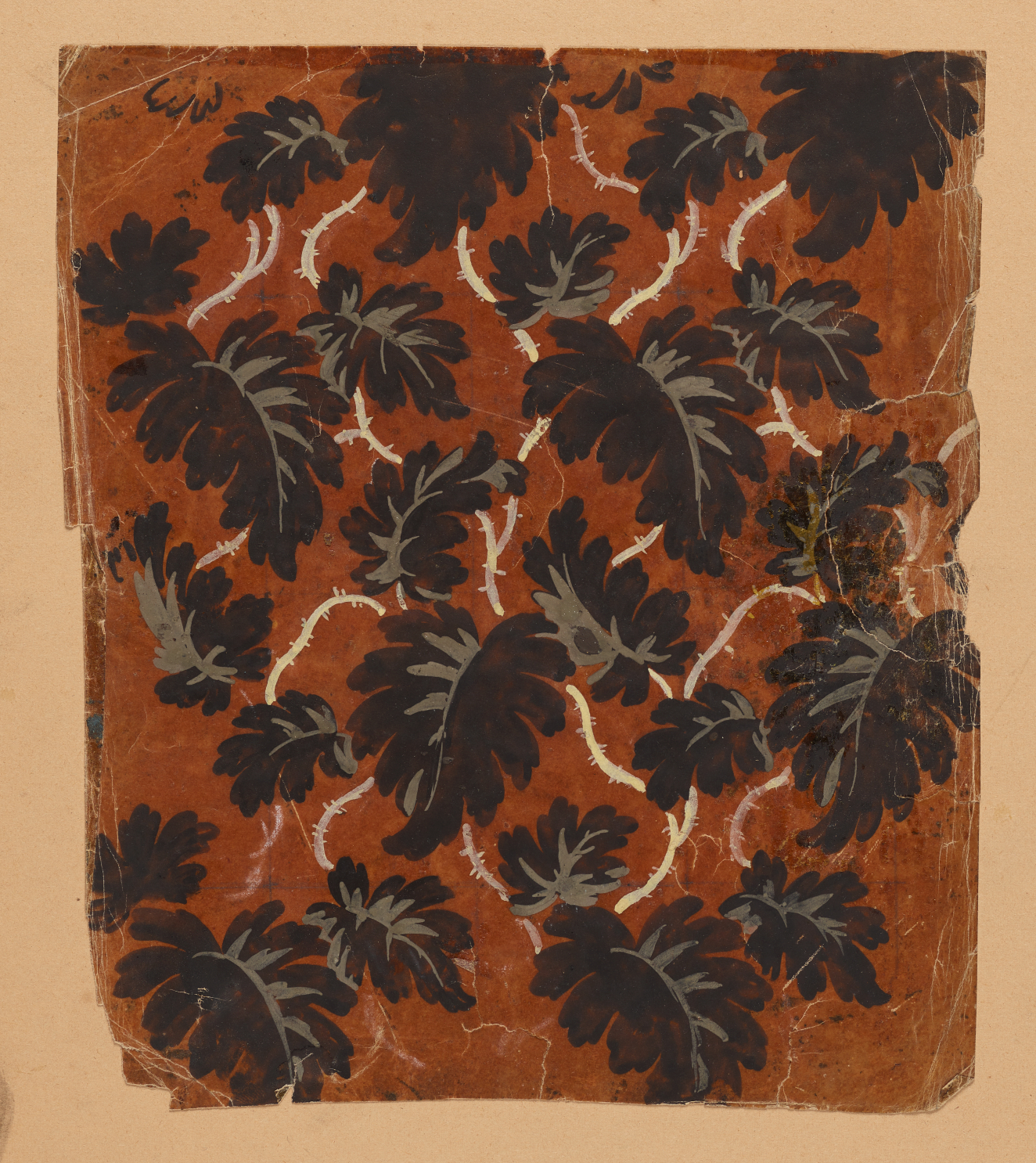 Orange wallpaper with curved edges and repeating large, navy blue leaves on top of winding white thorny vines throughout, against a tan background.