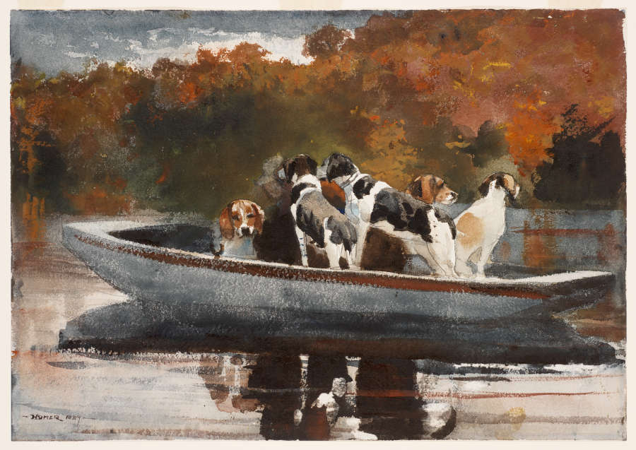 A painting of a pack of alert dogs with black, white, and brown coats gather in a light blue rowboat upon a clear lake with autumnal trees in the background. 