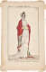 Aged illustration of a figure in a white gown and red shawl with gold and blue trim, French captions.