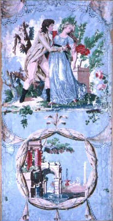 Aged, blue wallpaper of a couple, in elaborate dress, holding each other at their sides. Below, a pillared building surrounded by water is encased in a white, textured circular frame