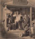 A group of individuals standing on and around a porch reacting indignantly as the central figure reads a newspaper aloud.