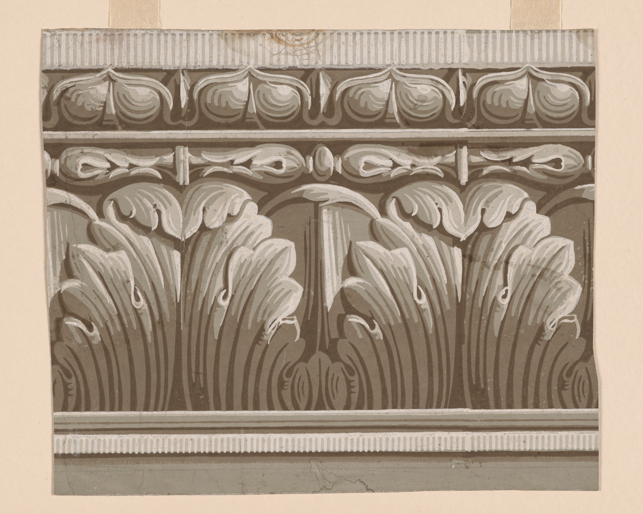 Decorative border painted in shades of gray featuring large ornamental leaf pattern on the bottom. Accented above by smaller horizontal flowers and bulbous plant designs.
