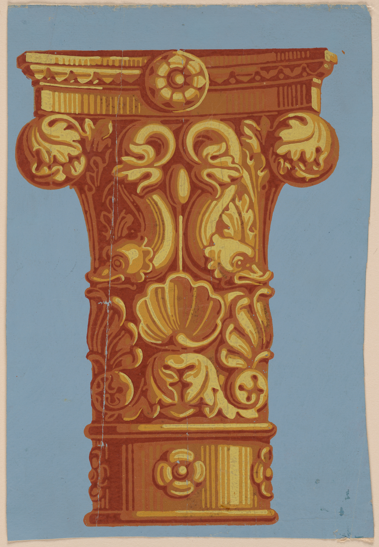 Wallpaper fragment depicting a warm gold column with ornate floral and shell carvings set against a blue-gray background.