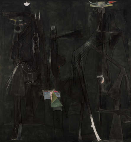 A black-toned painting with ominous abstract, elongated forms, faint linear details, small geometric white details, and a small cluster of green, blue, and red color. 