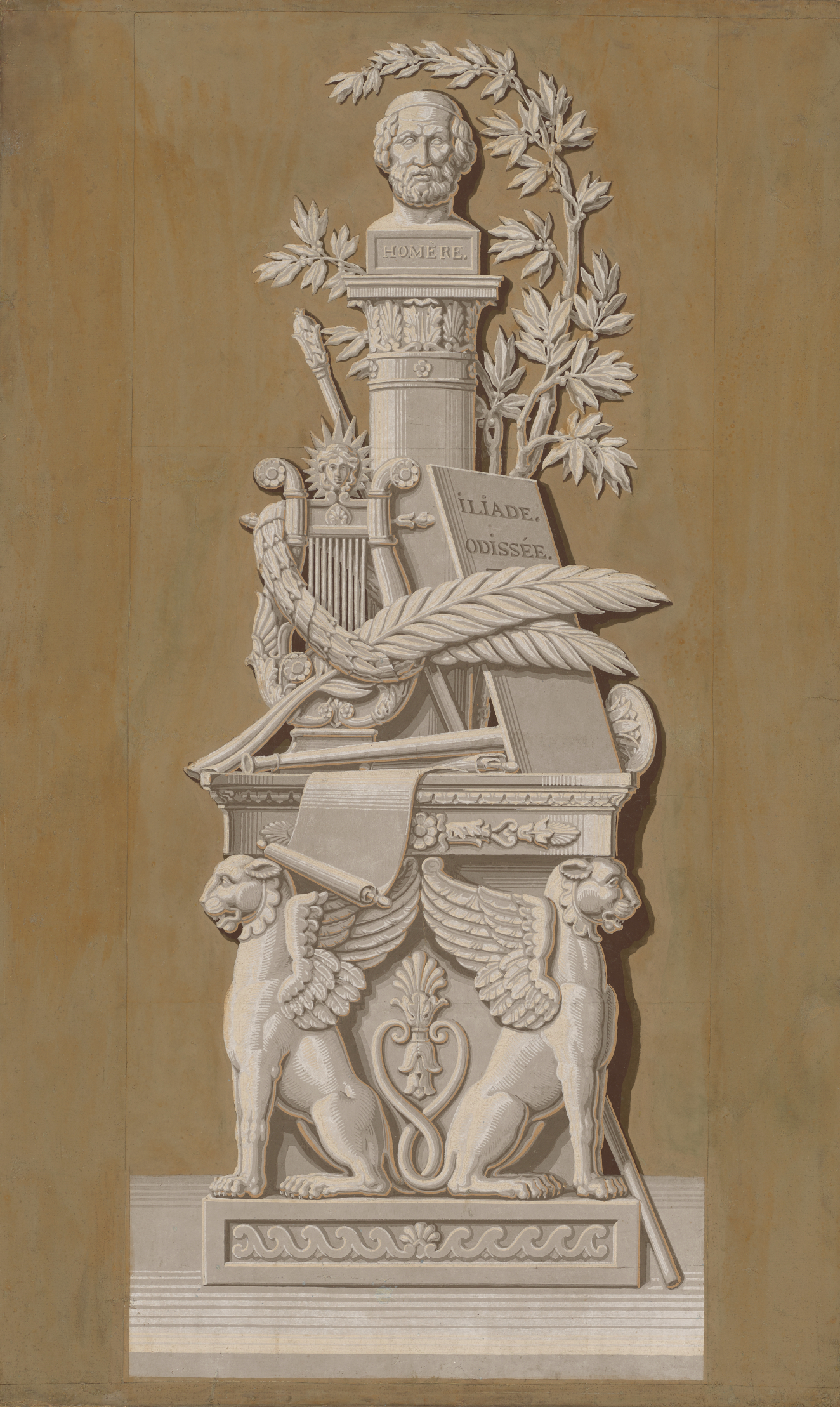 Elaborate trophy tribute to Homer, with his bust prominently placed atop a classical pedestal, adorned with laurels, flanked by mythical griffins, and surrounded by instruments of poetry and knowledge.