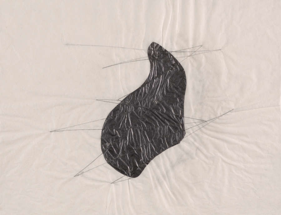 A black, curved abstract shape lies at the center of a piece of wrinkled tissue paper. Zig-zagging lines of thread intersect over and beyond the shape.
