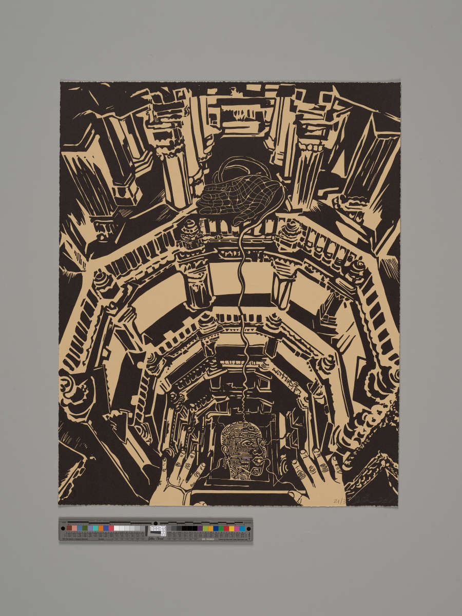 Complex black on tan illustration of an intricate, futuristic yet ancient-looking circular multi-storied structure. The viewer looks down the interior chamber, making the structure appear infinite and abyss-like.