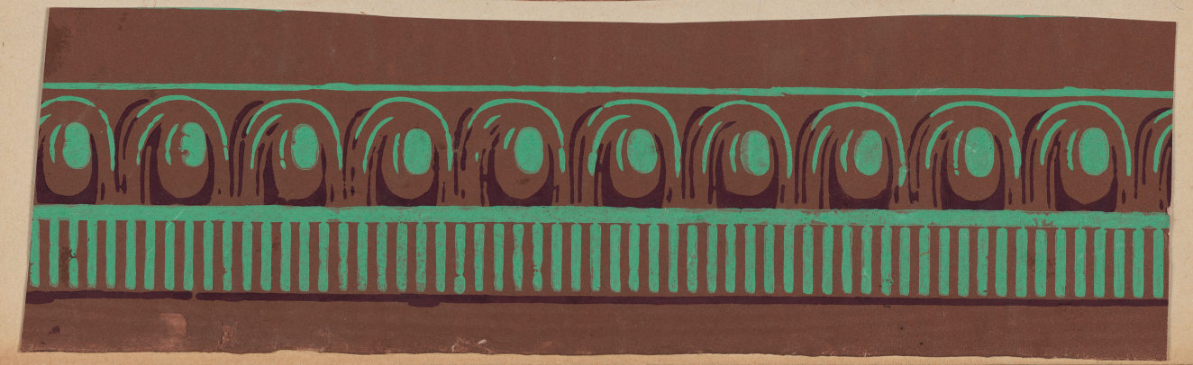 Brown horizontal decorative strip featuring a green pattern of semi circles with thin highlights surrounding central dots above a section of vertical stripes.
