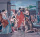 Scene with several central figures engaged in animated dialogue surrounded by a gathering of onlookers in an ancient, classical looking open-air public square.