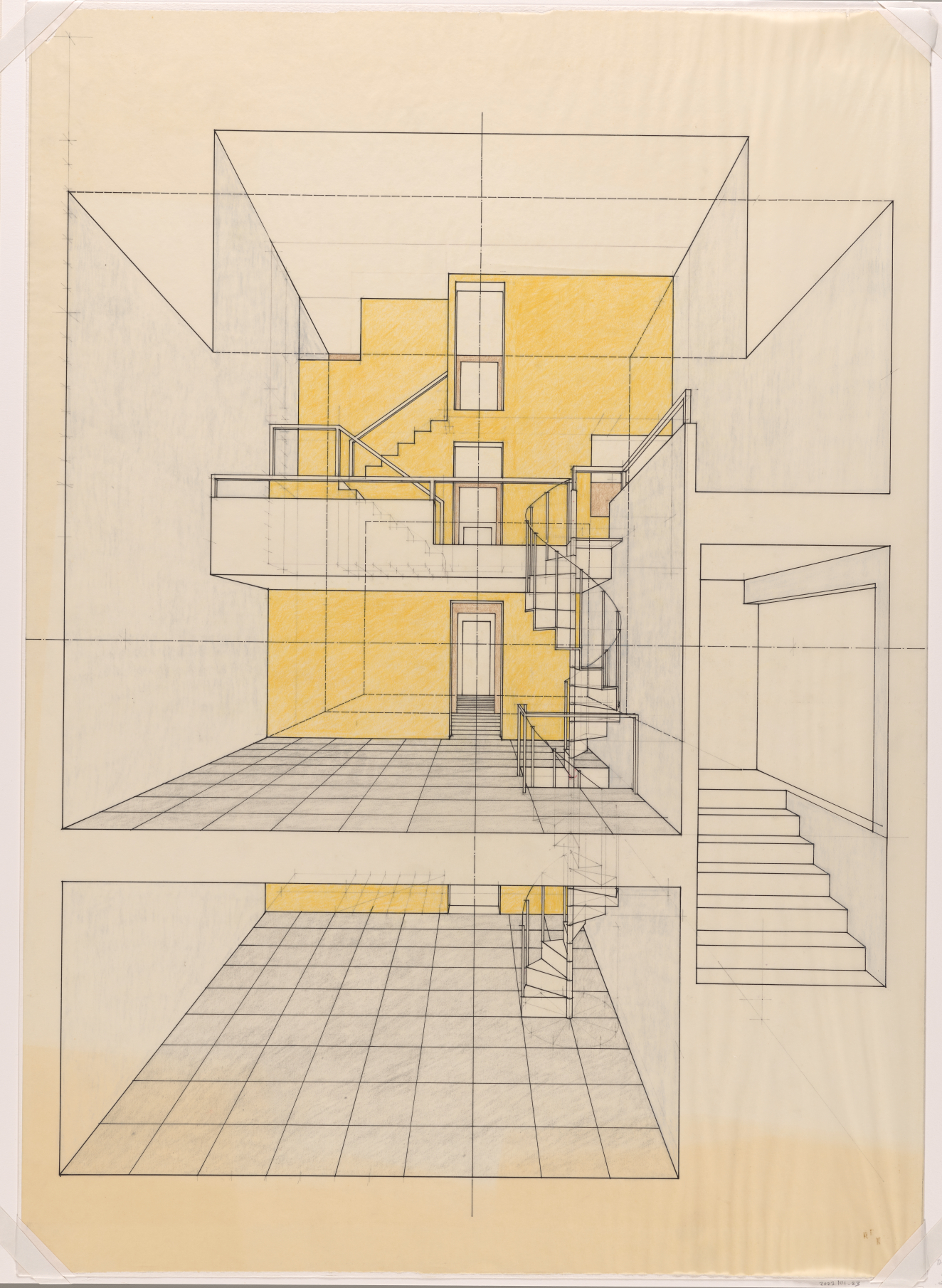An architectural-style drawing of the interior of a multi-level space, featuring geometric lines detailing staircases, railings, doors, and gridded floors with yellow accent walls. 