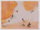 Saturated orange and yellow watercolor paint reveals the shape of a white sphinx in the negative space. Upon and around this space, small brown figures climb and move.