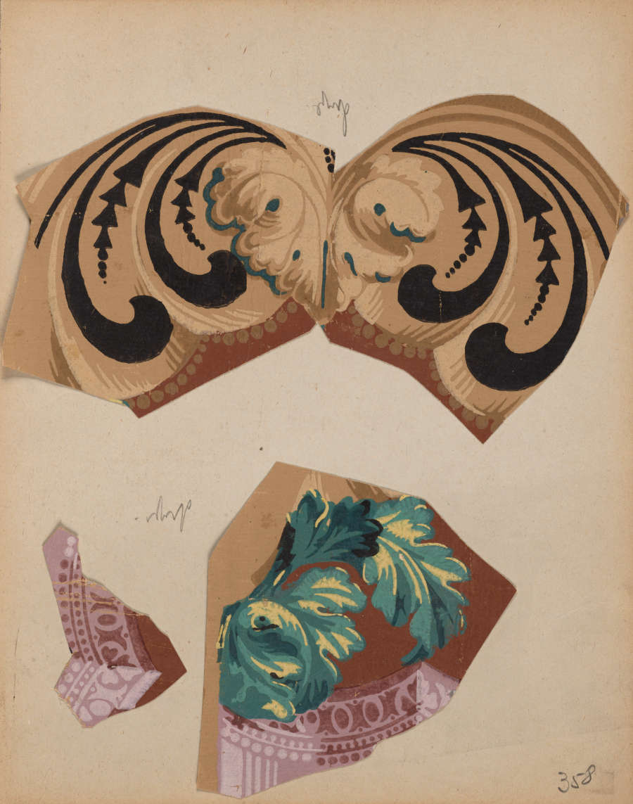 Three decorative fragments on a light backdrop: Symmetrical black swirls on a gold background, a small pale pink ornamental design, and intricately shaded green foliage above a pale pink pattern.