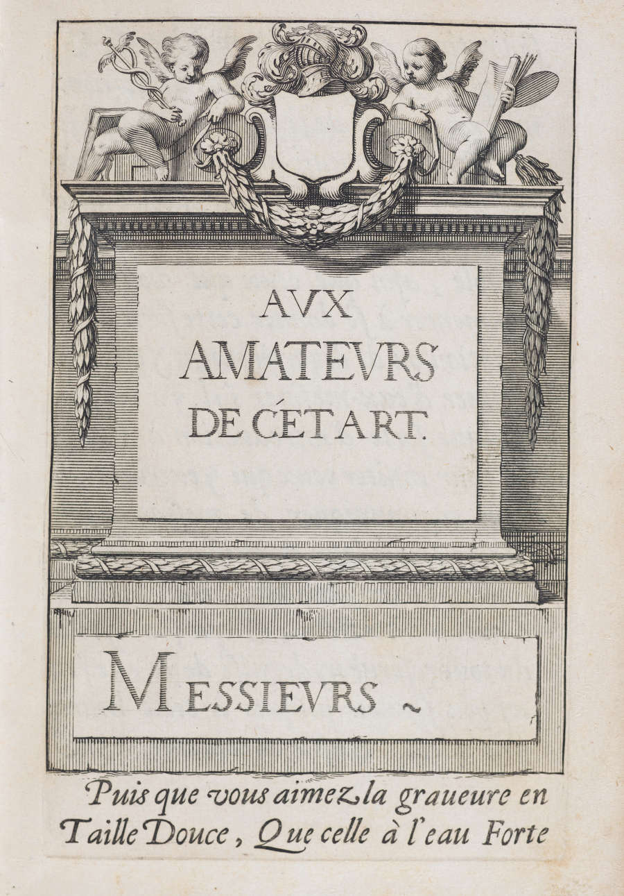 Engraving of a decorative plaque framed by angels and garlands, inscribed with text.