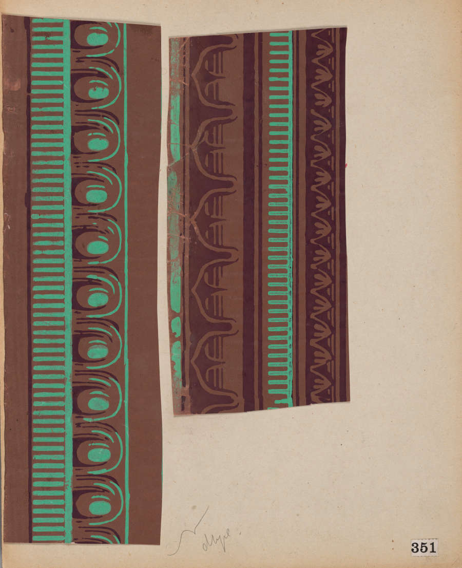 Page with two vertical designs in green and shades of brown. The left features arches and horizontal stripes while the right has zigzag and vertical striping combined with textured accents.