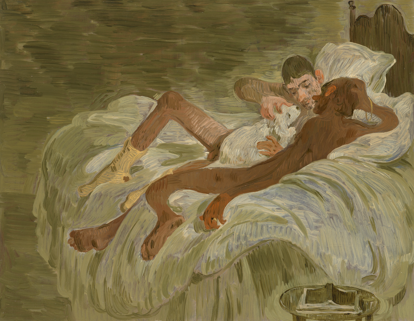 Painting of two nude young men--one dark-skinned, the other light-skinned. They relax on a bed and affectionately cuddle with a small white dog. Brushwork is loose and palette is muted.