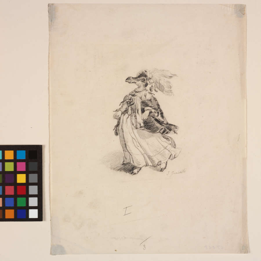 A satirical pencil drawing of an anamorphic penguin dressed as a 19th century princess in full profile. Facing left, the penguin woman wears an extravagant gown, cape and hat.