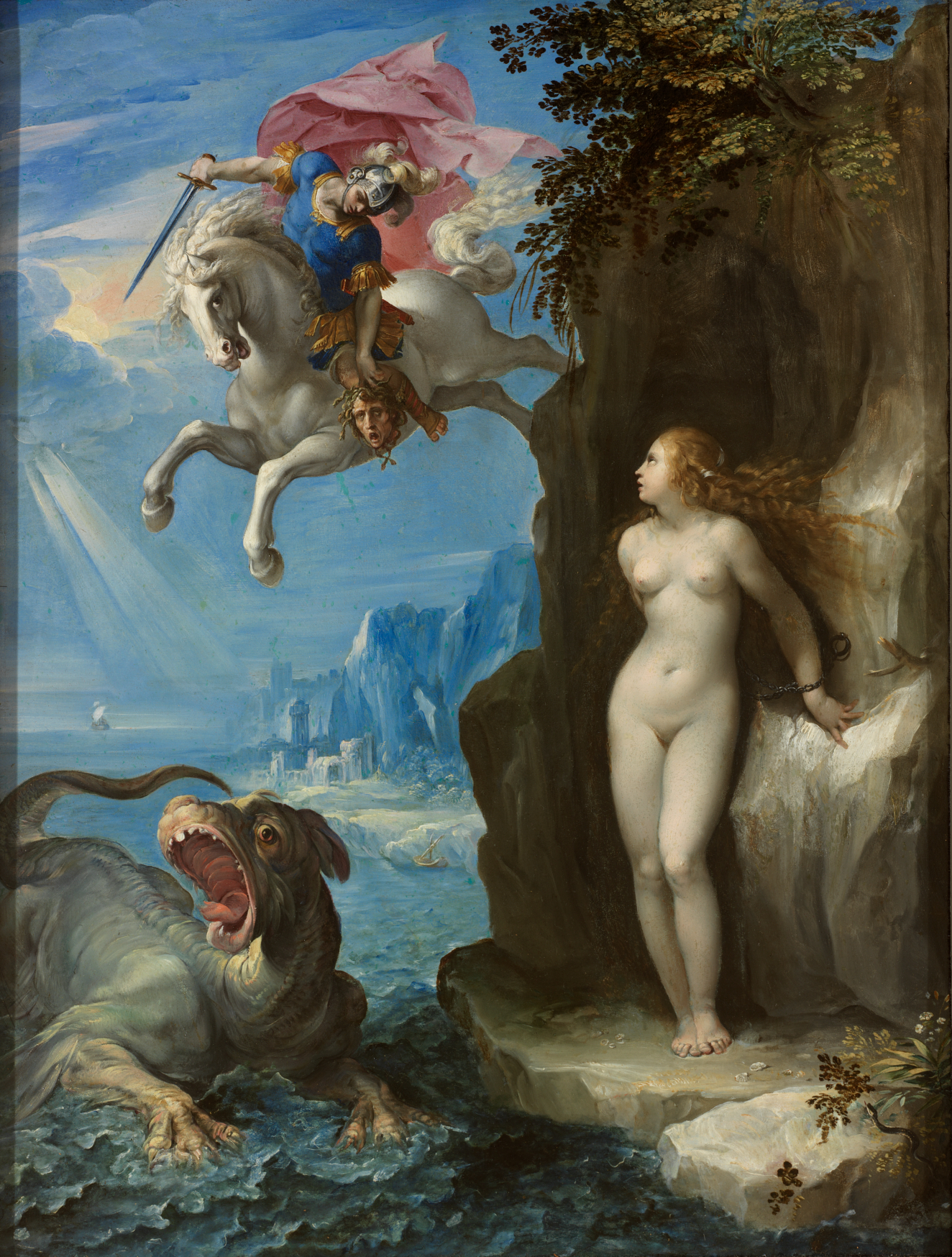 A nude woman chained to a rocky cliff looks up towards a red-caped, sword-wielding warrior on horseback descending from the sky while a sea monster emerges from the waves below. 