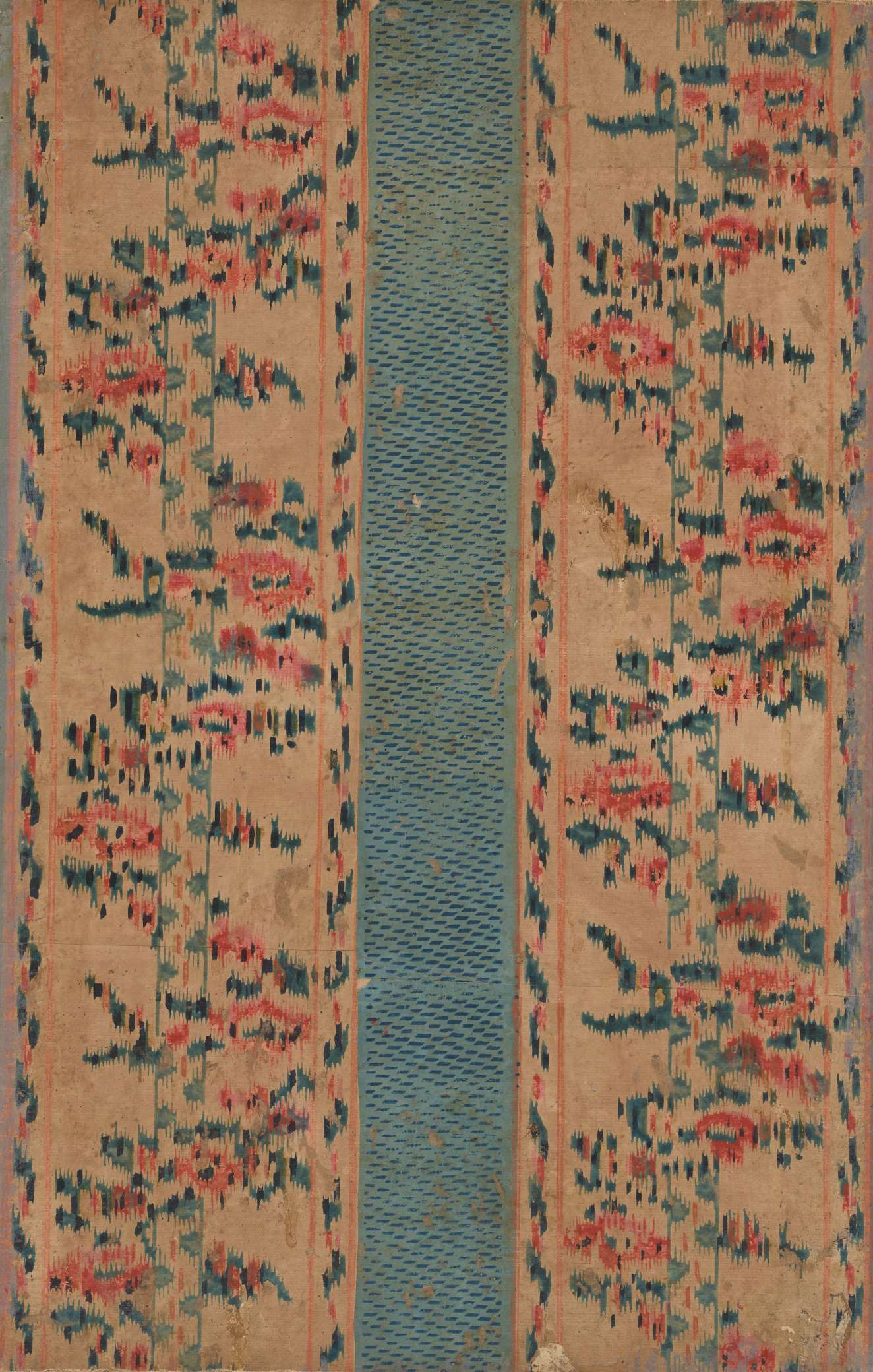 Panel of vintage fabric wallpaper depicting an abstract geometric blue and peach pattern on a tan background. The design is vertically aligned and features a centric textured blue stripe.