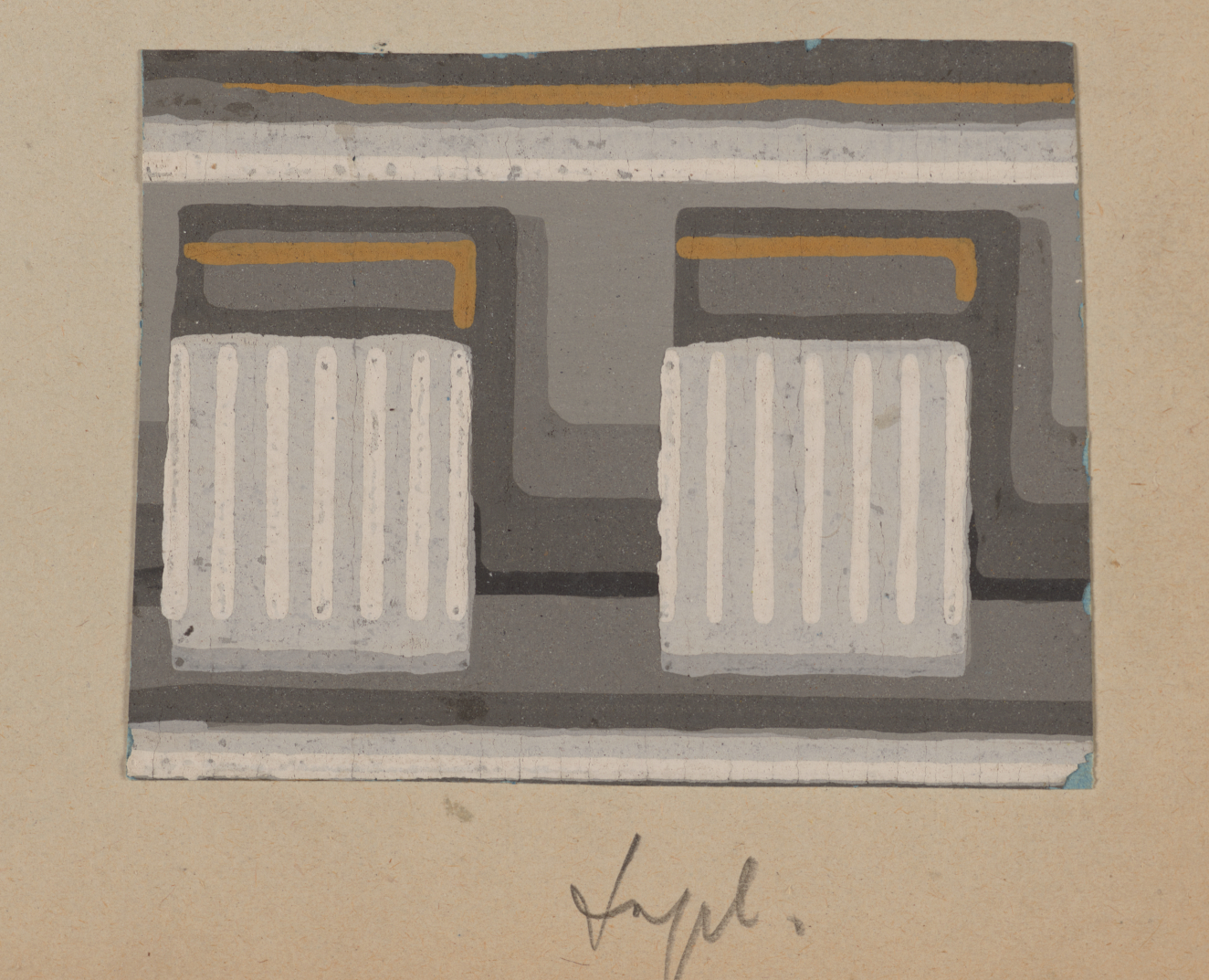 Rectangular decorative design on a neutral backdrop. Feature two light gray rectangles with white stripes against an inset dark gray shaded backdrop with gold accents between two light gray stripes.