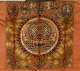Circular embroidery design on deep orange silk of a red, Chinese-styled tiered tower with curved roofs, encircled by white birds, peacock-like birds, colorful clouds, and gold discs.