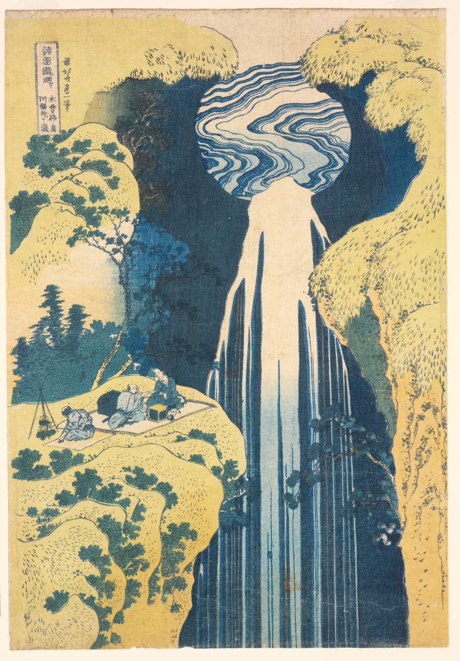 Woodblock print of yellow cliffs curving upwards to a swirling blue and white circle connecting to white streaks flowing downwards. Three figures sit at the edge of the left cliff.