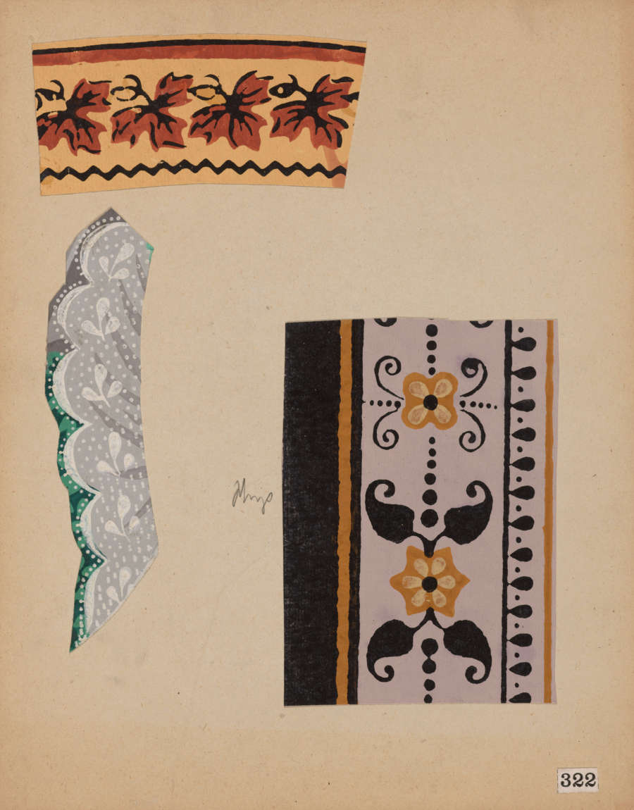 Three ornamental designs. Left: delicate dotted silver design with green accents. Right: vertical strip with yellow flowers and black leaves, dots and stripes. Above: orange and yellow leaf border design.