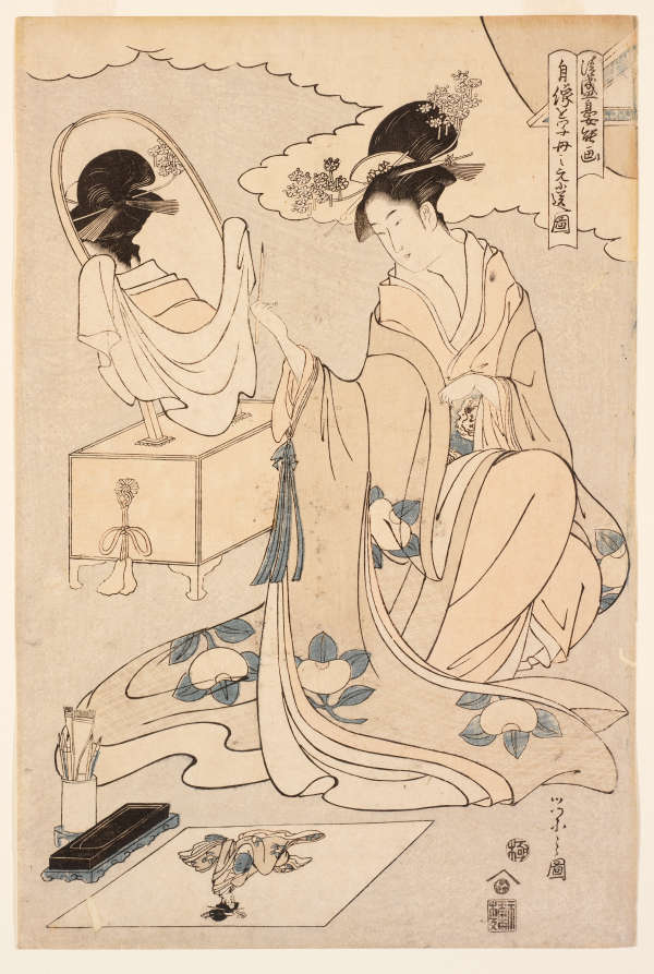 Japanese print of a woman sitting next to pens and ink, an oval mirror, and a drawing of themselves. The figure is wearing a white robe with blue flowers throughout.