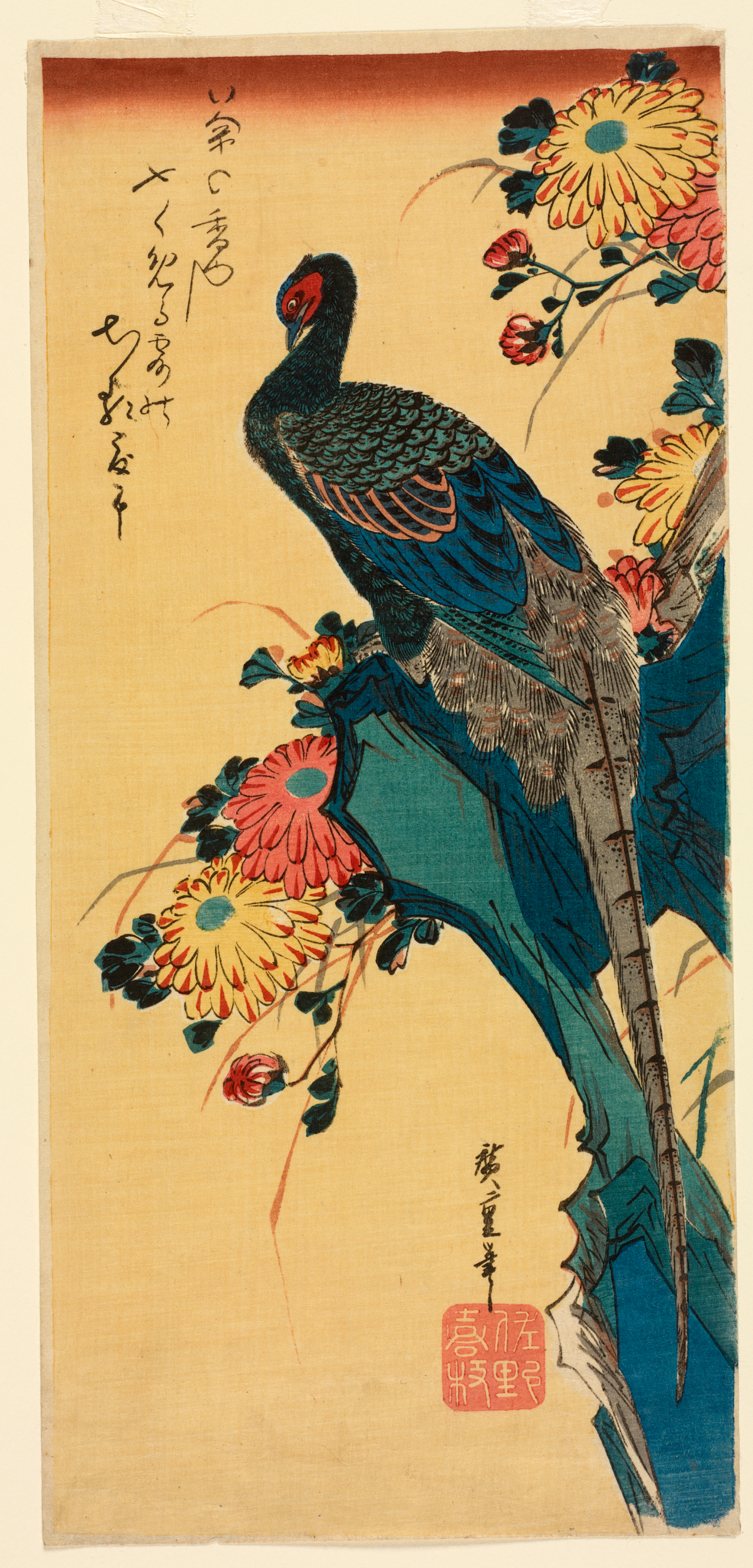 A large dark blue bird with long tail feathers atop a deep blue structure surrounded by blooming flowers against a yellow background.