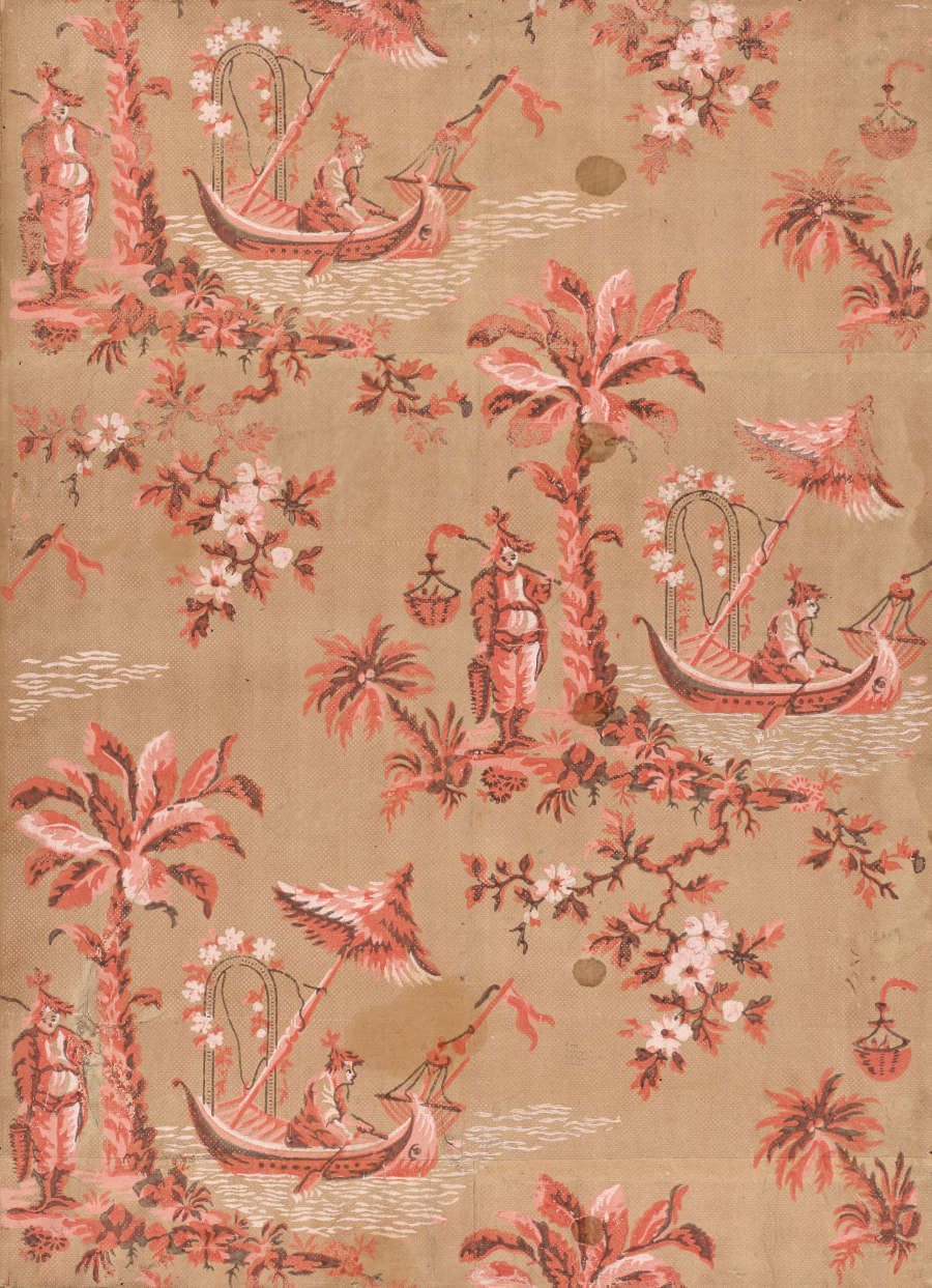Segment of vintage wallpaper featuring a pattern of tropical scenes with palm trees, people in boats, and flora. The repeat is depicted in a monochrome coral palette with brown accents.