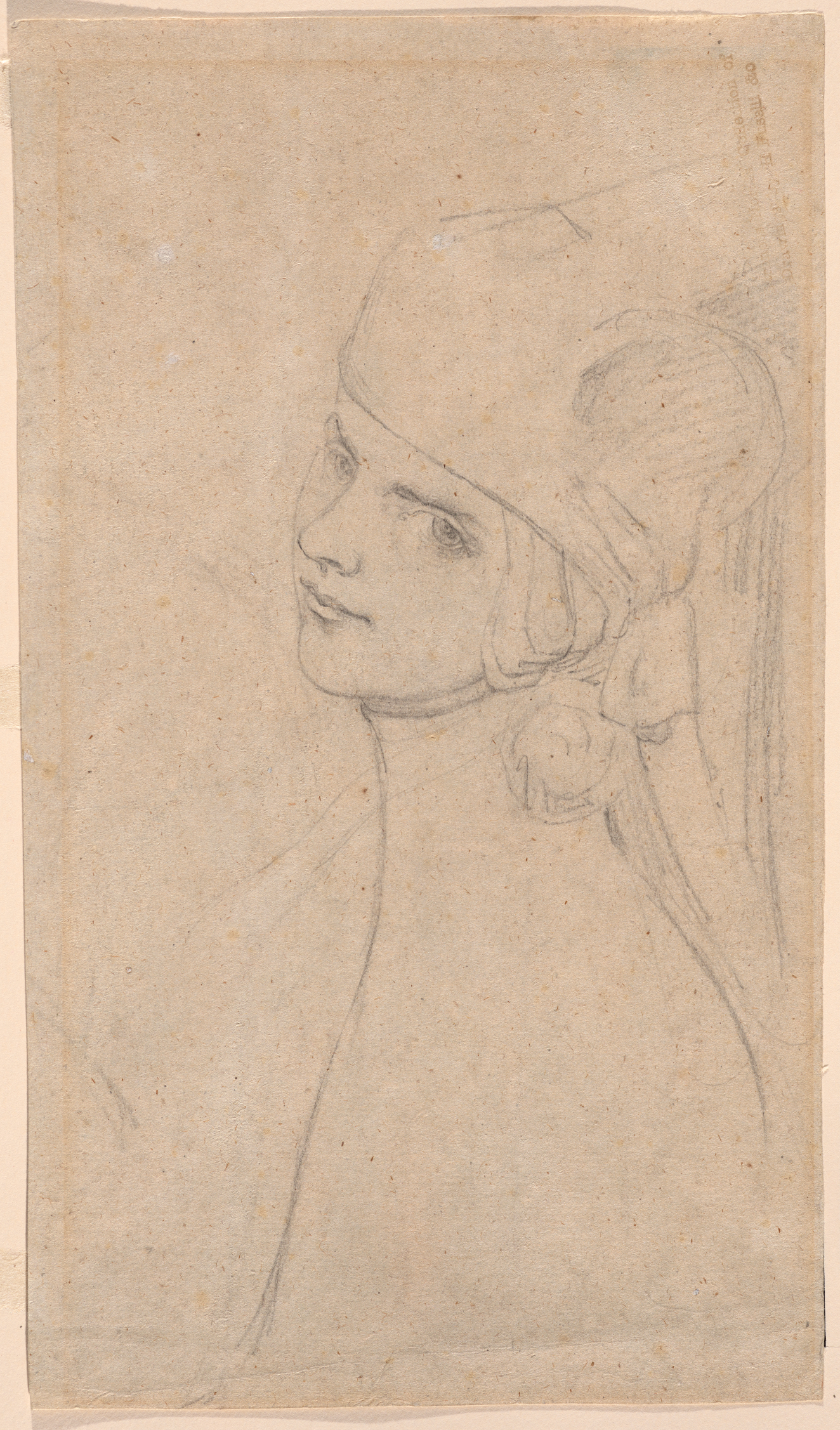 A black chalk line drawing of a woman in profile. With her head slightly tilted towards the viewer, she stares skeptically at us and wears an elaborate hat.