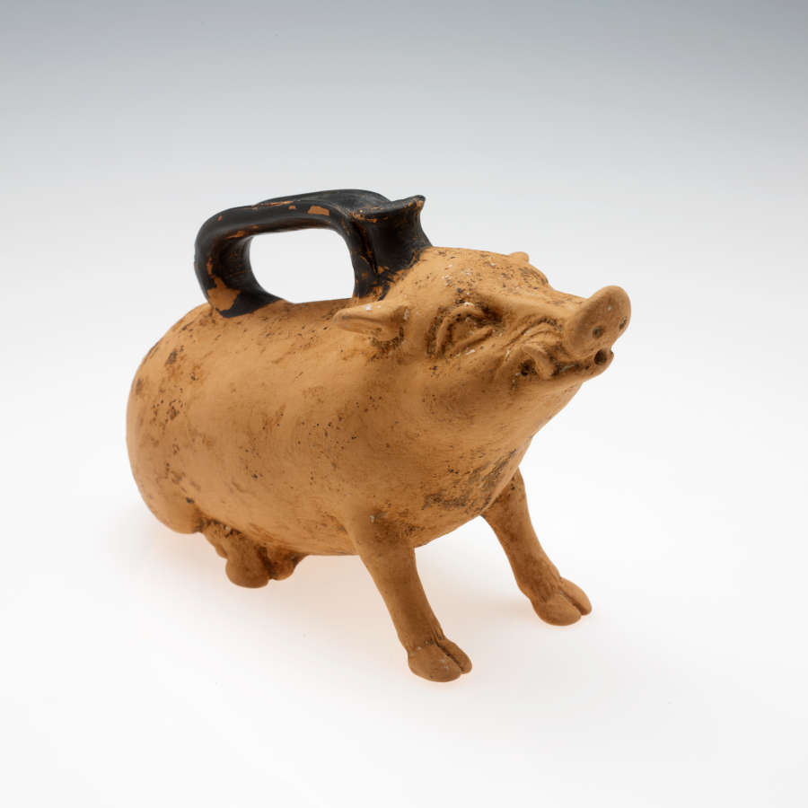 Partial side-view of a terracotta container in the form of a seated pig with its characteristic snout. Along its back is a long black handle with a narrow connected mouth.