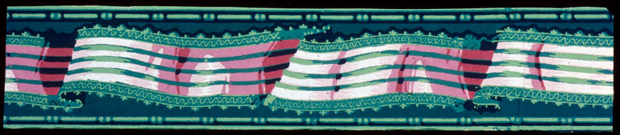 Border depicting a striped pink and green flowing ribbon with zigzag edges, set against a dark green background. Framed by repeating light green, horizontal circles and lines.