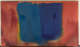  Two slightly overlapping and rounded rectangular shapes are centered in an orange canvas with yellow washes. The shape to the left is in a gray blueish-green hue while the one on the right is a darker violet-blue color. 