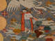 Intricate embroidery depicting a man in a red cape with a bare chest and gray waistcloth below a large white bird on a backdrop of dense multicolored flowers and clouds.