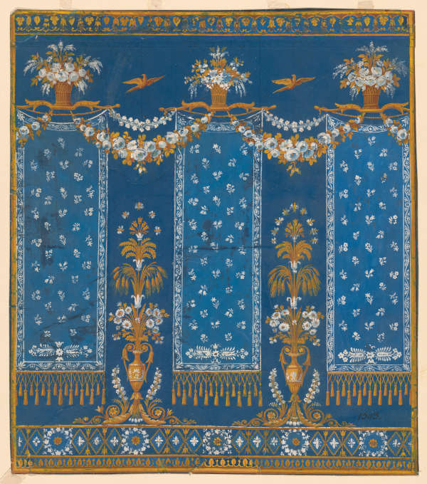 Blue wallpaper with large yellow and white flower arrangements in between repeating white patterned banners which are attached to yellow vases with white flower bouquets and antlers on its sides.