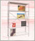 A transparent wireframe bookshelf in a red perspective grid space, displaying images including a close-up of a mushy orange object, purple sock, grainy black texture, and figure in the desert. 