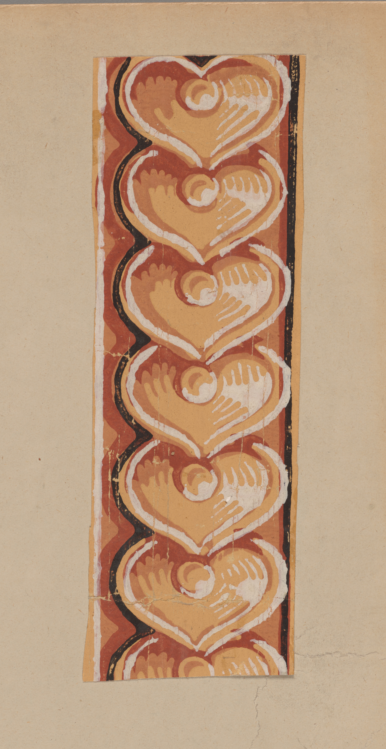 Horizontal rectangular pattern on a neutral backdrop featuring repeating intricately shaded gold heart shapes and circular accents with white highlights and thin black borders.