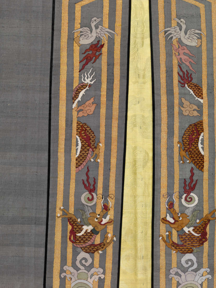 Details of the blue robes front collar meeting, featuring vertically-arranged red serpentine dragons, wispy clouds and flying white birds encased in golden stripe borders. The robe’s golden lining is visible.
