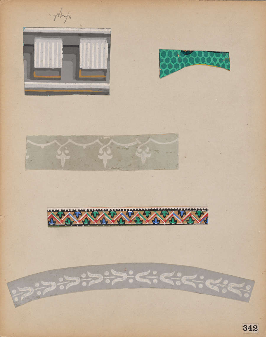 Five decorative designs on a neutral backdrop: white striped shaded rectangles, green dots, light gray featuring subtle accents, an intricate green and gold zigzag, and a gray arch with florals.