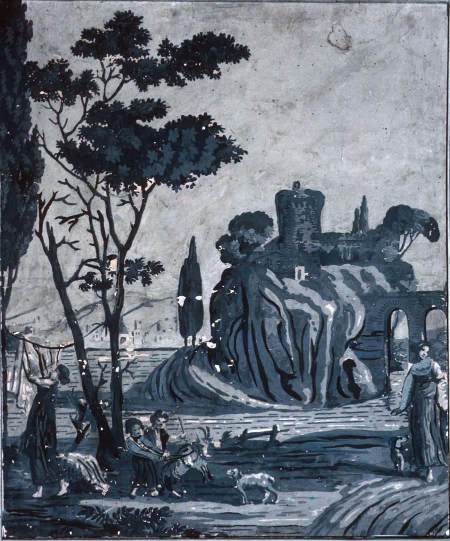 Aged, brown print of various aged figures performing household chores on a winding hilltop with trees. The older figures hang laundry and tend the fields and younger figures comb goats.