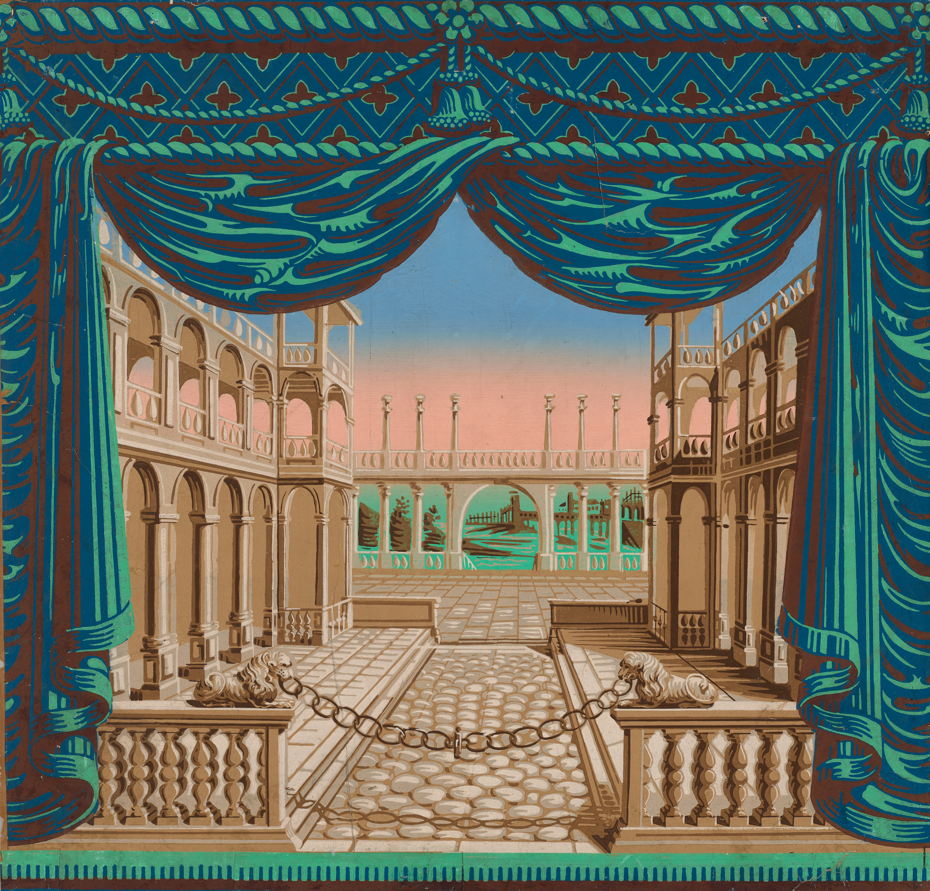 A wallpaper panel depicting a palatial courtyard framed by ornate blue and green drapery with stone archways, columns, and two lion statues flanking a cobblestone path.